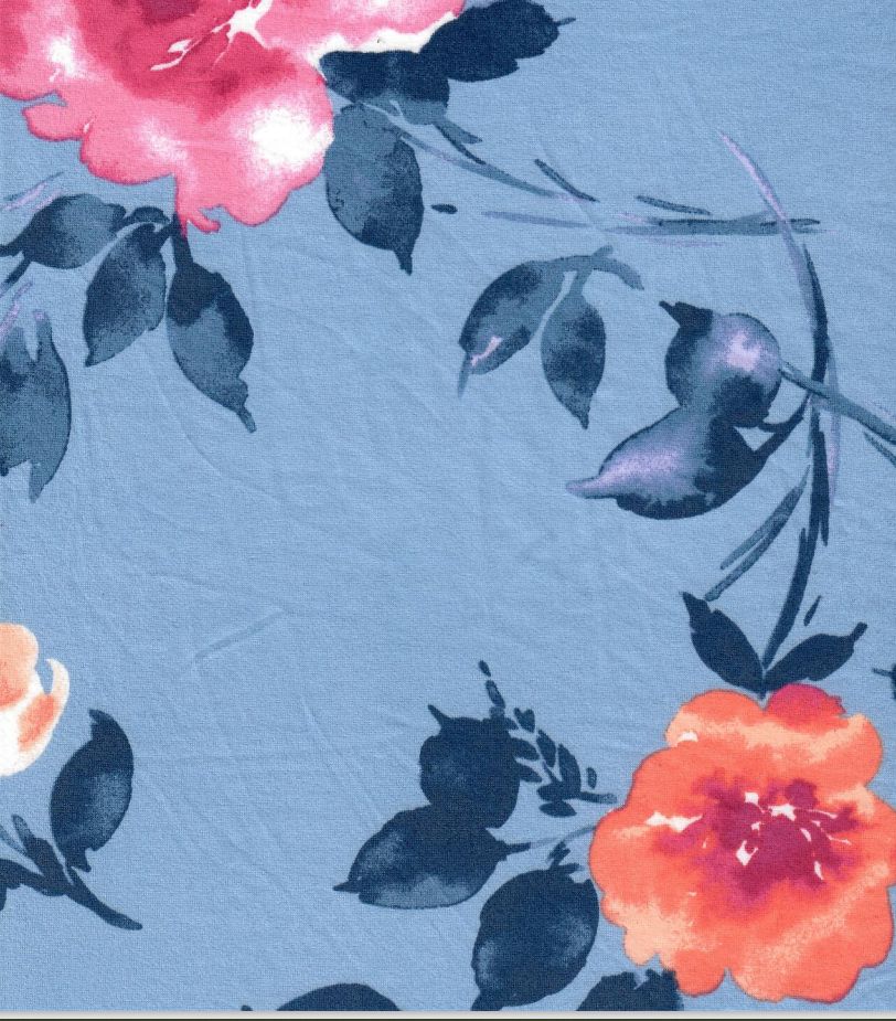 KNT2100-Q10111 CHAMBRAY BIKER SHORTS BLOUSE BLUE BOTTOMS DTY BRUSHED FLORAL KNIT POLYESTER PRINT SPANDEX STRETCH TOPS