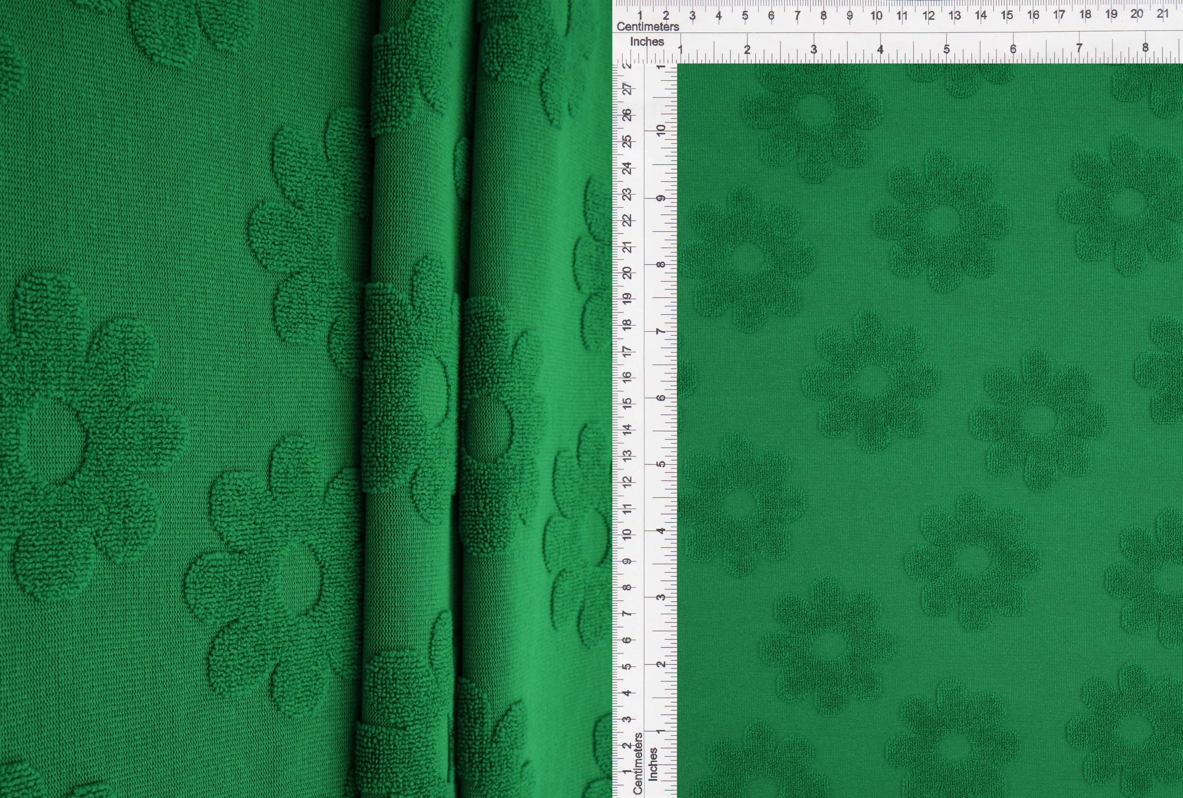 JACQ-4480 GREEN BOTTOMS DAISY FLOWER DRESS GEOMETRIC GREEN JACQUARD KNIT LIVERPOOL OUTERWEAR PANTS POLYESTER SKIRTS SOLID SPANDEX STRETCH SWEATER TOPS