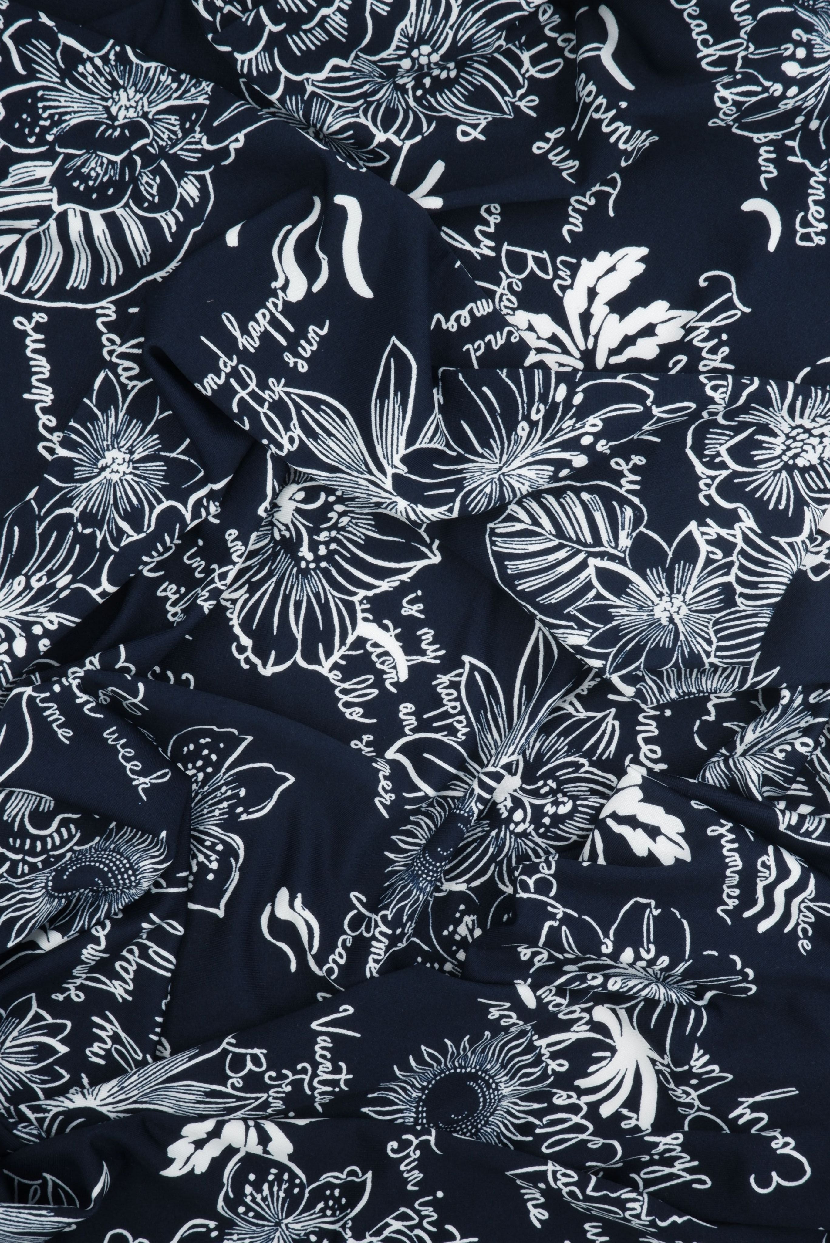 KNT4498-MS11289 NAVY/IVORY BLOUSE BODYSUIT BOTTOMS CAMI DRESS FLORAL FLOWER KNIT POLYESTER PRINT SKIRTS SPANDEX STRETCH TOPS