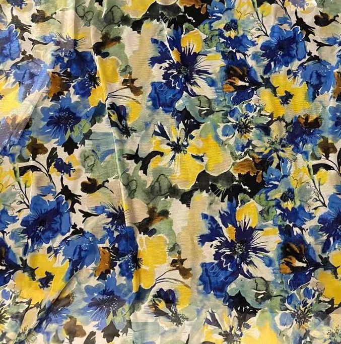 MESH-MS11303D BLUE BLOUSE BODYSUIT CAMI DIGITAL PRINT FLOCKING FLORAL FLOWER LOUNGEWEAR MESH POLYESTER SPANDEX STRETCH TOPS TUNICS