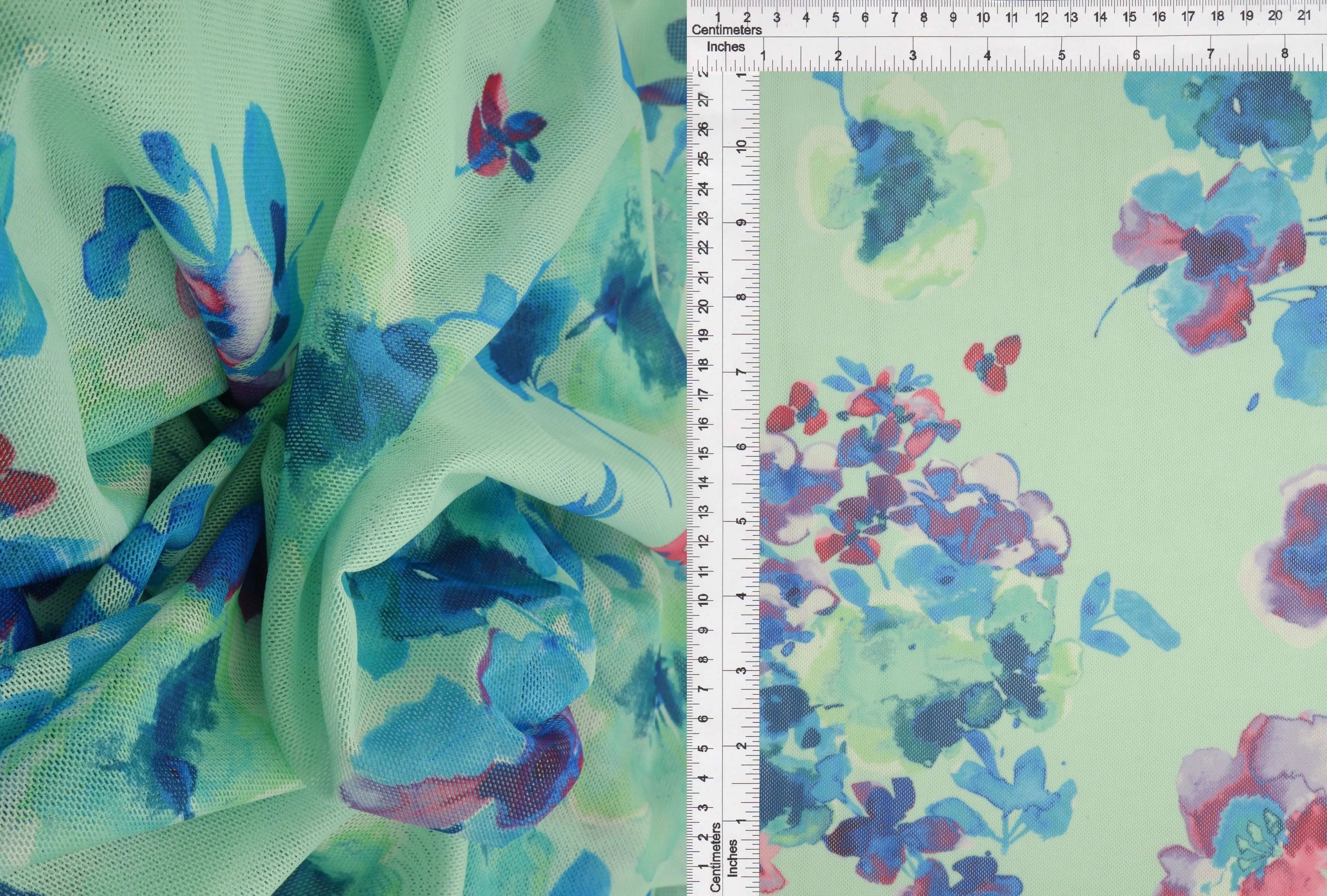 MESH-MS11311D BLUE/VIOLET FLOWER BLOUSE BLUE BODYSUIT CAMI DIGITAL PRINT FLOCKING LOUNGEWEAR MESH STRETCH TOPS TUNICS VIOLET