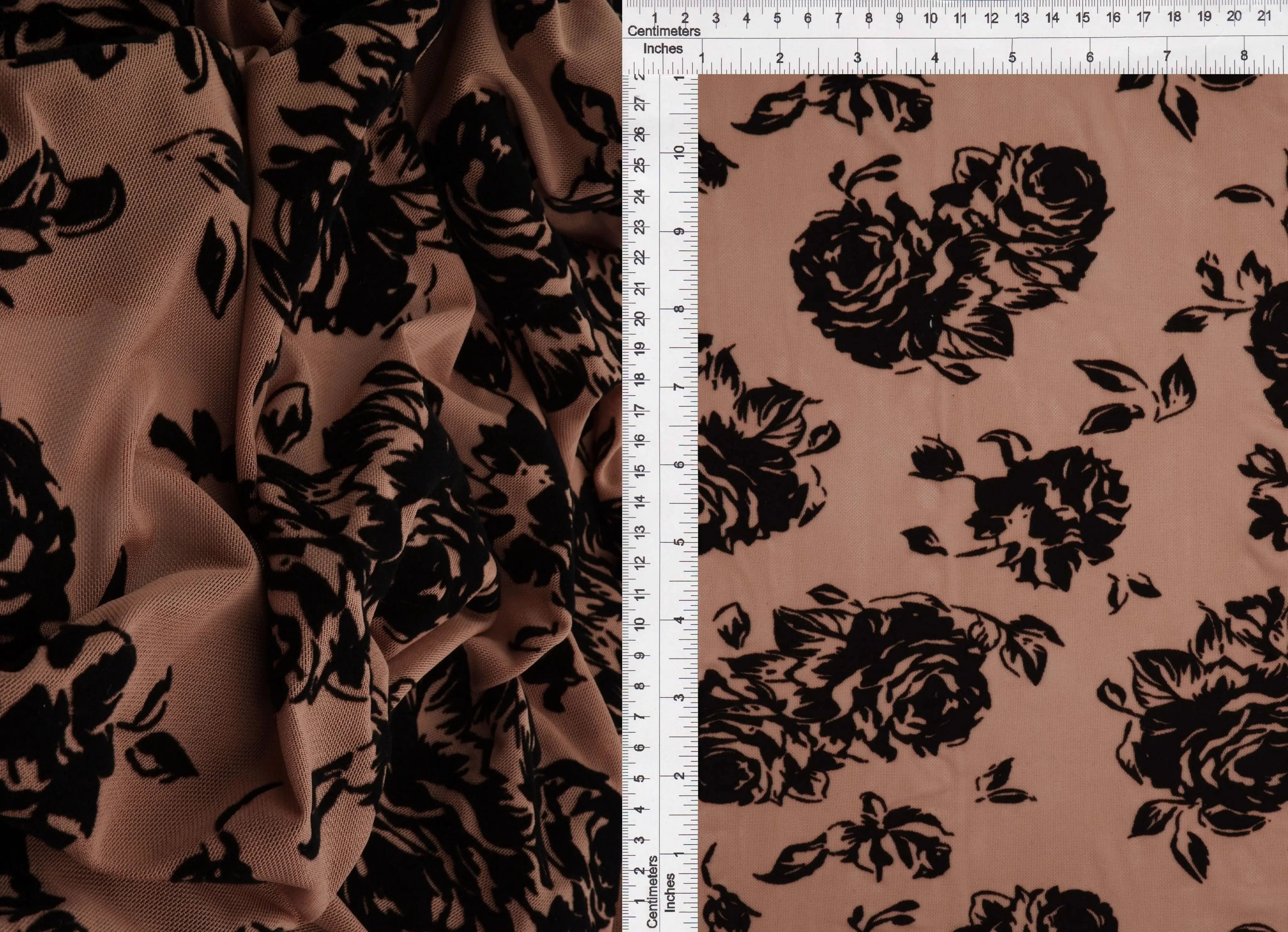 FLOCK-S70420 MOCHA BLACK BOTTOMS CAMI DRESS FLOCKING FLORAL KNIT MESH POLYESTER PRINT SKIRTS SPANDEX STRETCH TOPS