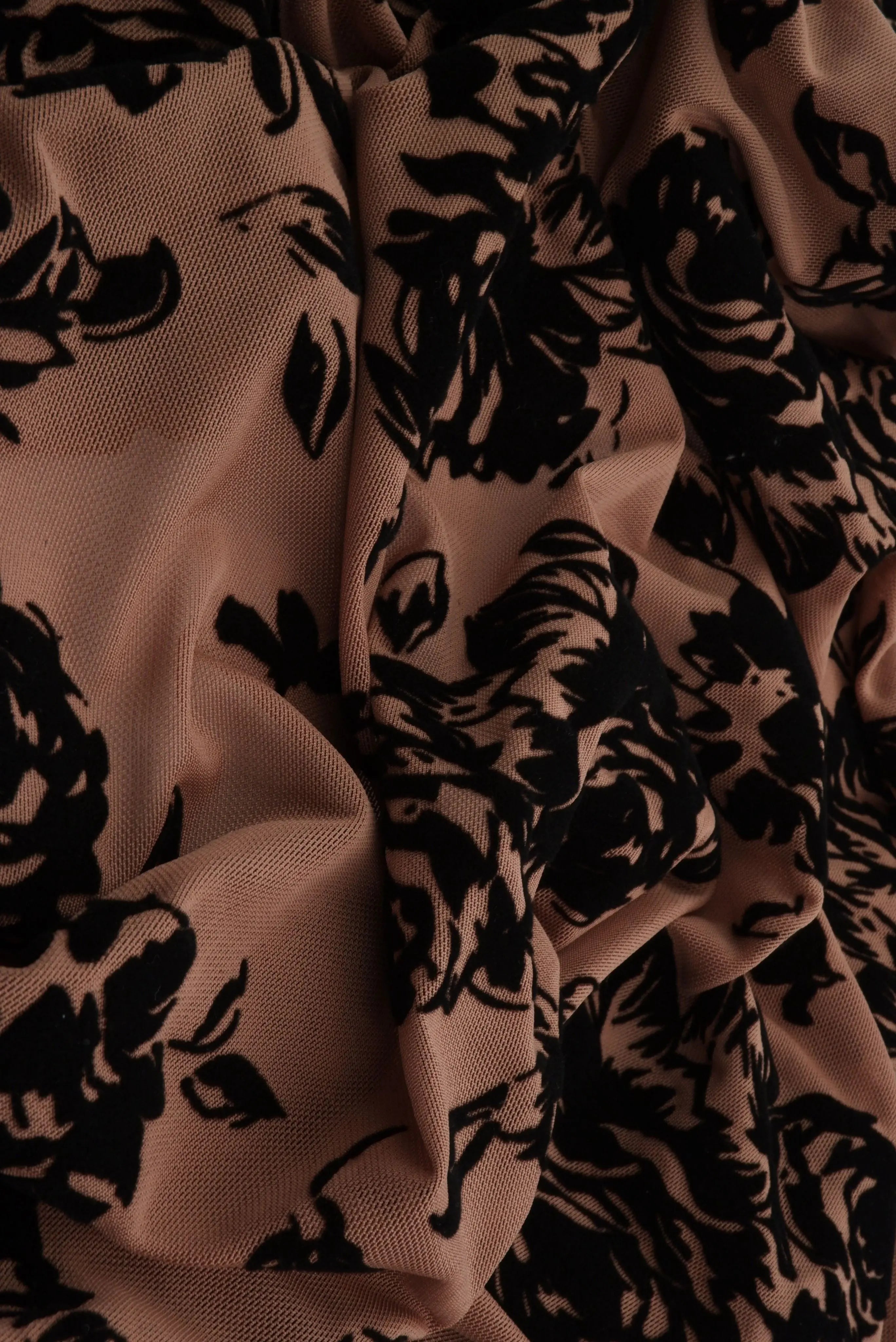 FLOCK-S70420 MOCHA BLACK BOTTOMS CAMI DRESS FLOCKING FLORAL KNIT MESH POLYESTER PRINT SKIRTS SPANDEX STRETCH TOPS