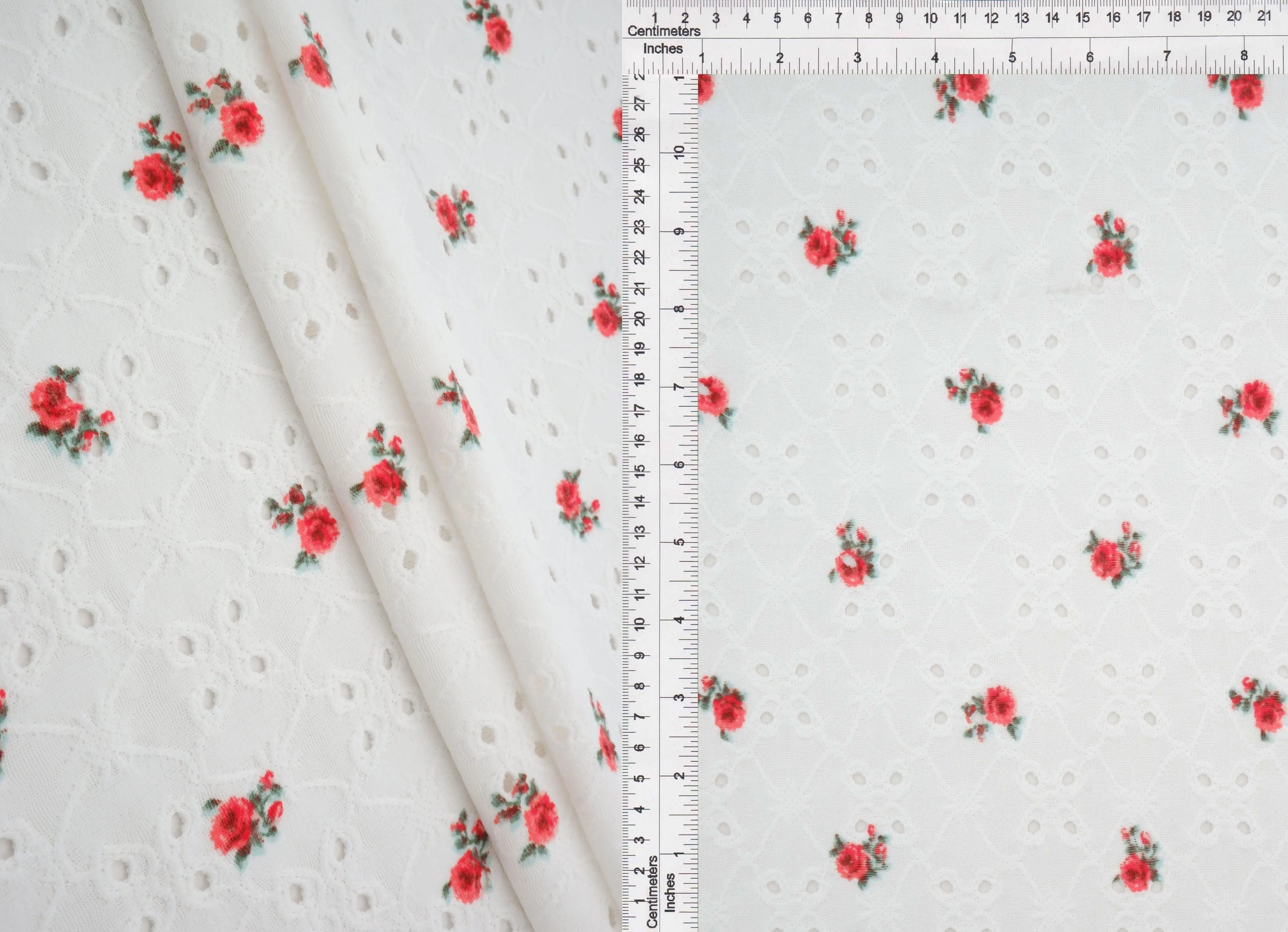 KNT4187-Q00205 IVORY/CORAL RED BLOUSE BODYSUIT CAMI DITSY DRESS DTY EYELET JACQUARD KNIT POLYESTER PRINT SKIRTS SPANDEX STRETCH TOPS