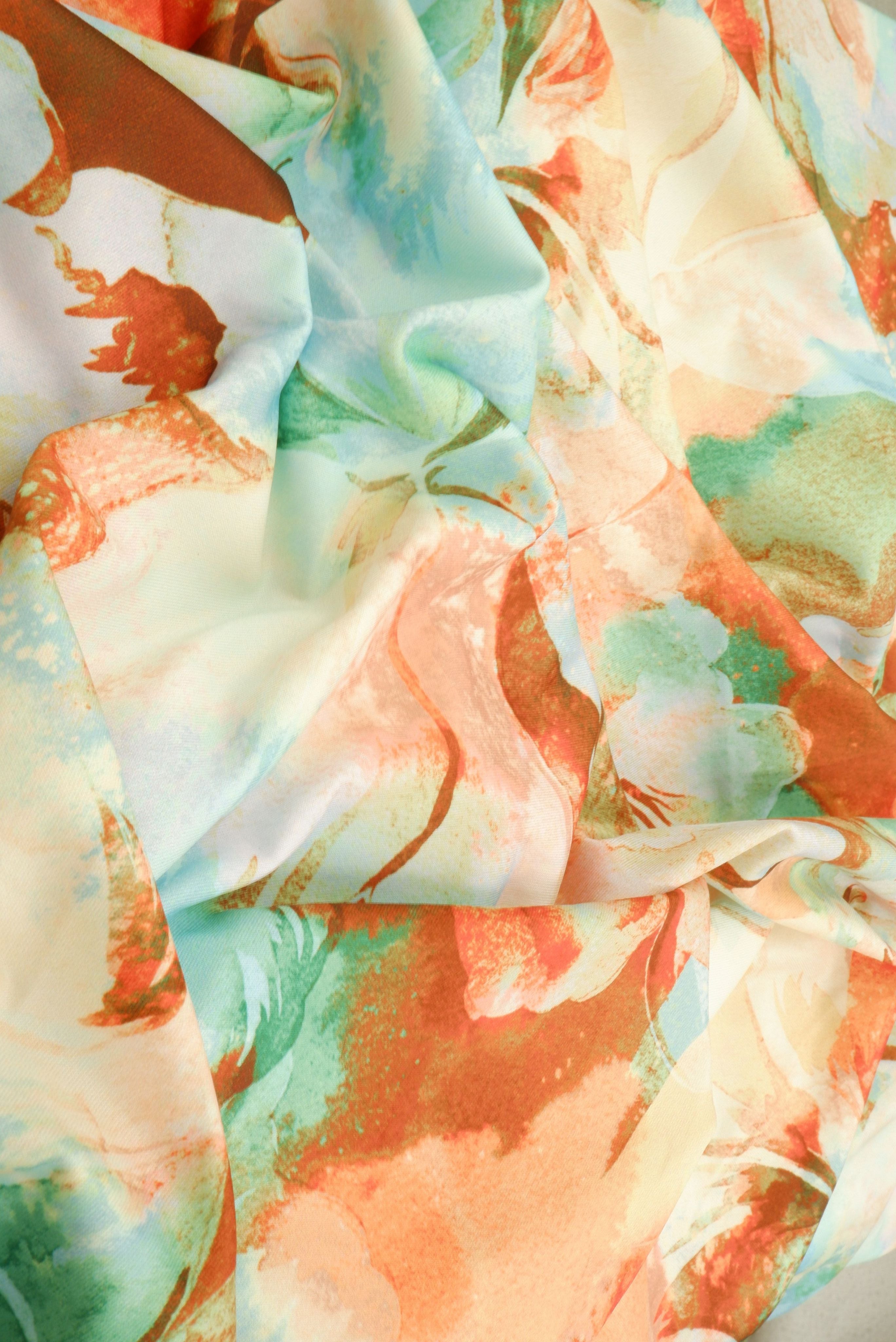 KNT4498-M11516D BROWN/MINT BIG FLOWER DIGITAL PRINT DRESS DTY KNIT PANTS POLYESTER SKIRTS SPANDEX TOPS