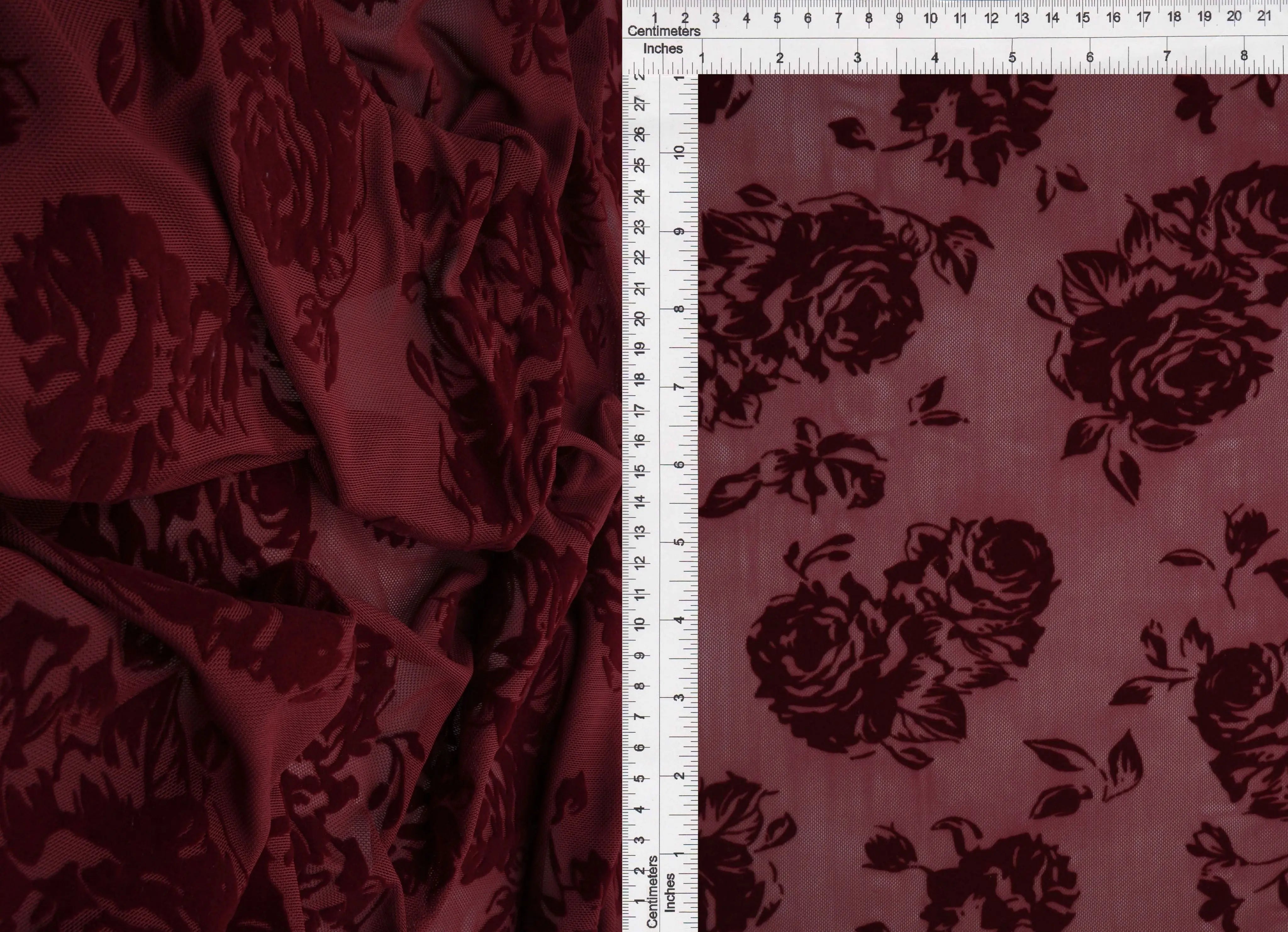 FLOCK-S70420 BURGUNDY BOTTOMS CAMI DRESS FLOCKING FLORAL KNIT MESH POLYESTER PRINT SKIRTS SPANDEX STRETCH TOPS