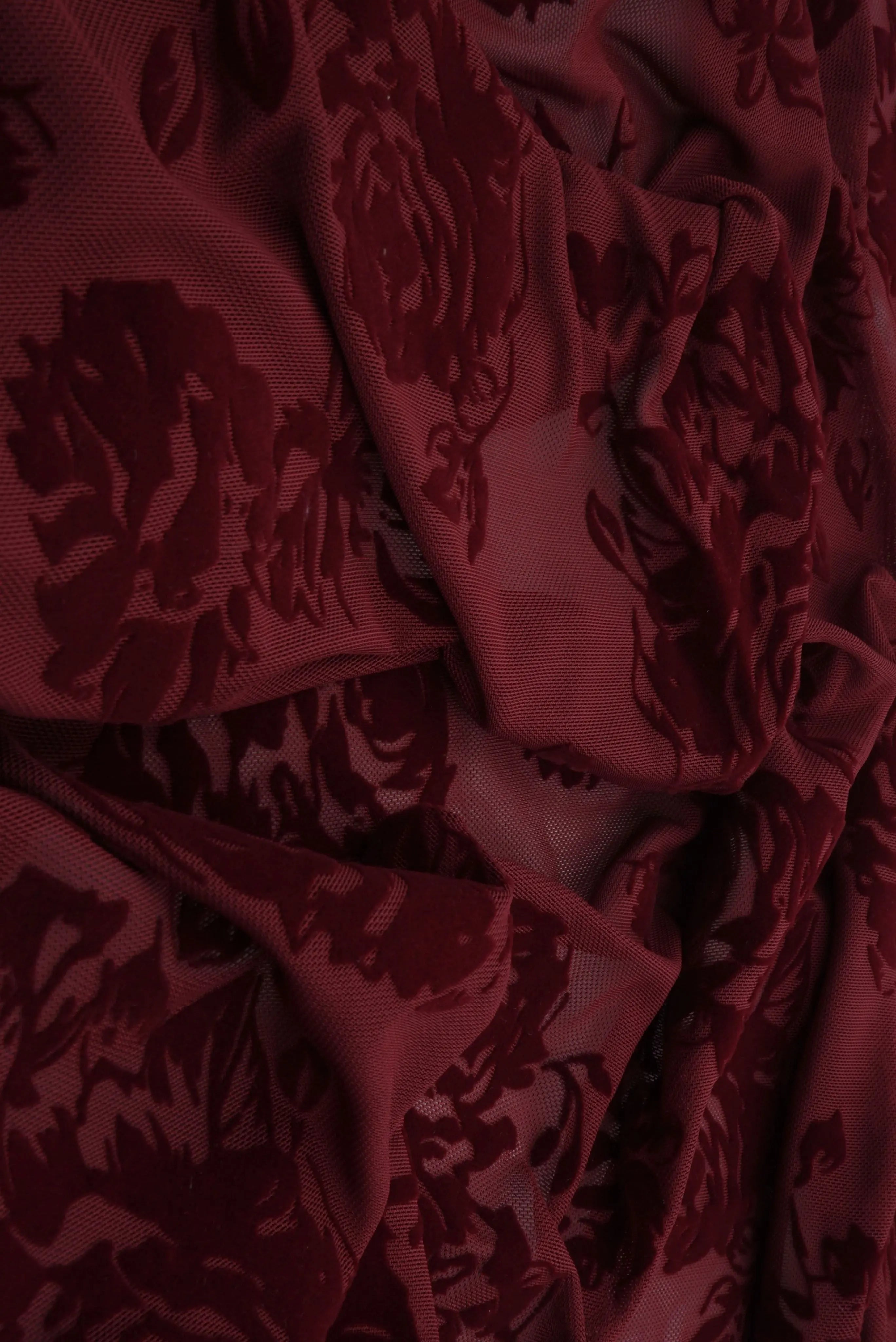 FLOCK-S70420 BURGUNDY BOTTOMS CAMI DRESS FLOCKING FLORAL KNIT MESH POLYESTER PRINT SKIRTS SPANDEX STRETCH TOPS