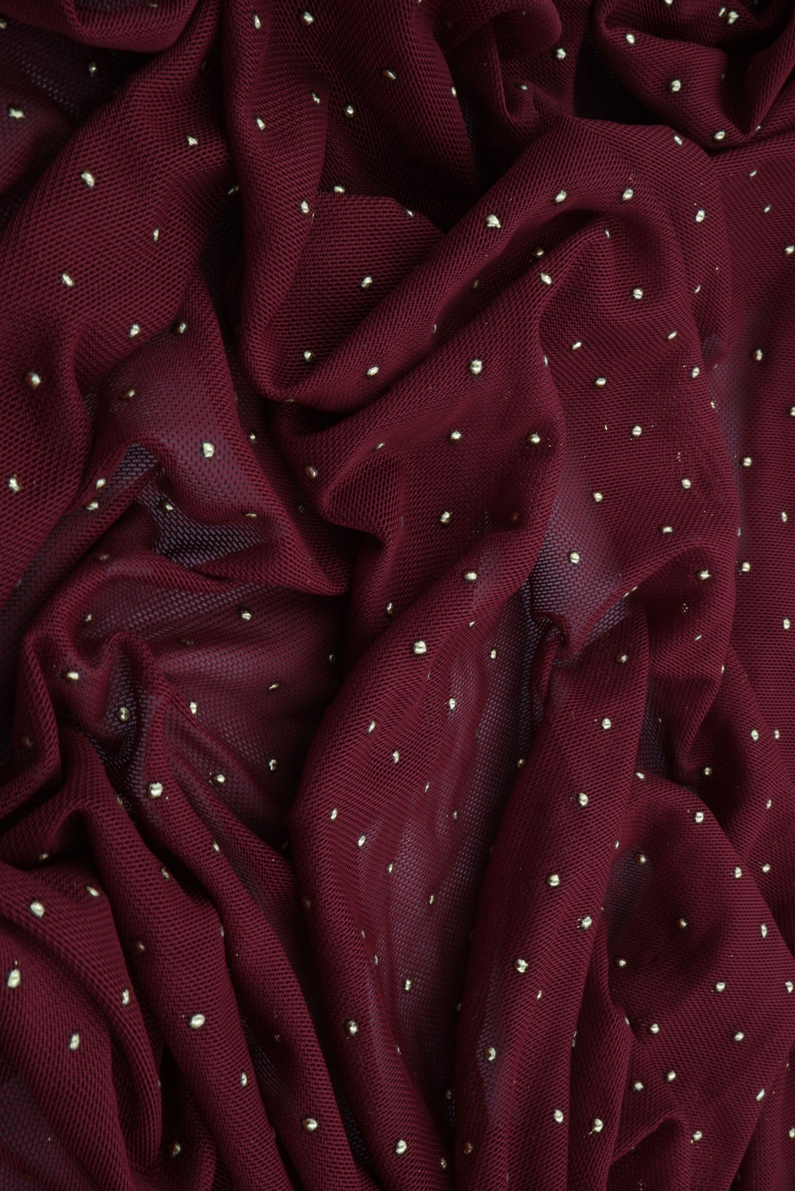 MESH-4600 BURGUNDY/COPPER BLOUSE BODYSUIT CAMI DOT FLOCKING FOIL LOUNGEWEAR LUREX MESH NO-PRINT POLYESTER SPANDEX STRETCH TOPS TUNICS