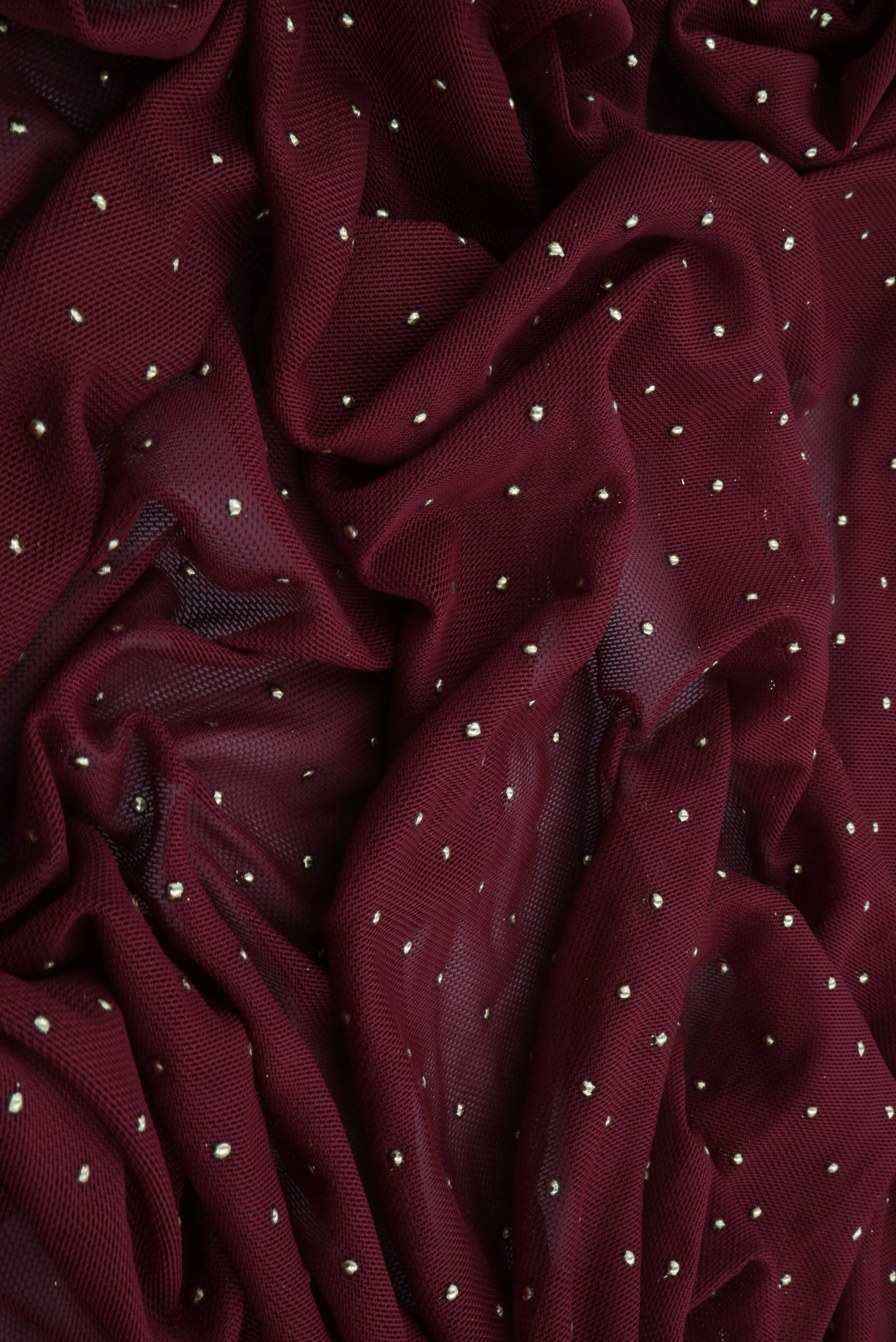 MESH-4600 BURGUNDY/COPPER BLOUSE BODYSUIT CAMI DOT FLOCKING FOIL LOUNGEWEAR LUREX MESH NO-PRINT POLYESTER SPANDEX STRETCH TOPS TUNICS