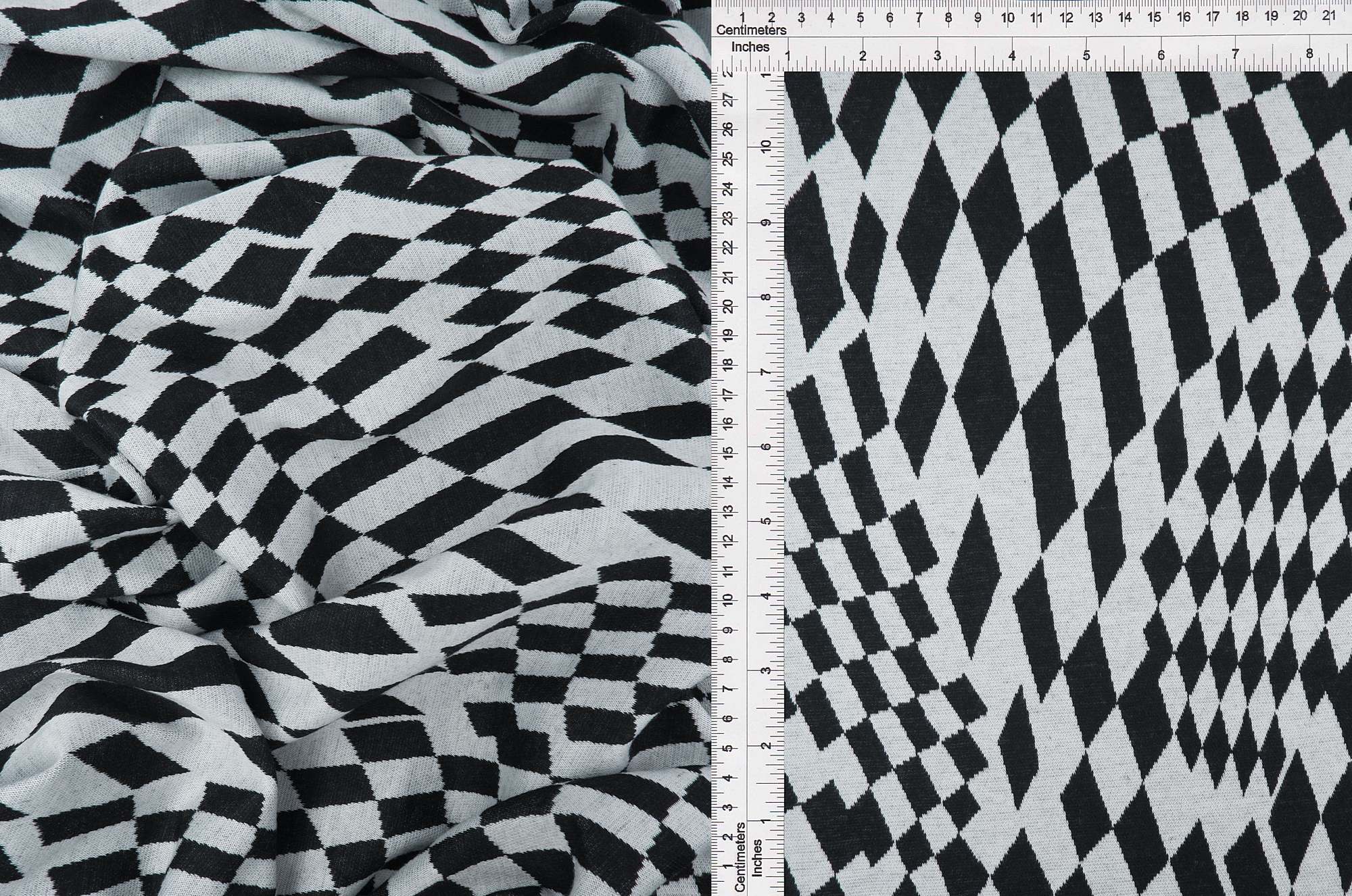 KNT4438 BLACK CHECKERED DOUBLE KNIT DRESS JACQUARD OUTERWEAR PANTS POLYESTER RAYON SKIRTS SOLID SPANDEX STRETCH TOPS YARN DYED