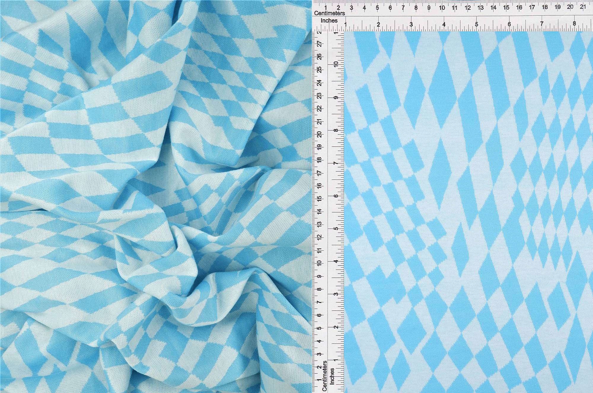 KNT4438 BLUE CHECKERED DOUBLE KNIT DRESS JACQUARD OUTERWEAR PANTS POLYESTER RAYON SKIRTS SOLID SPANDEX STRETCH TOPS YARN DYED