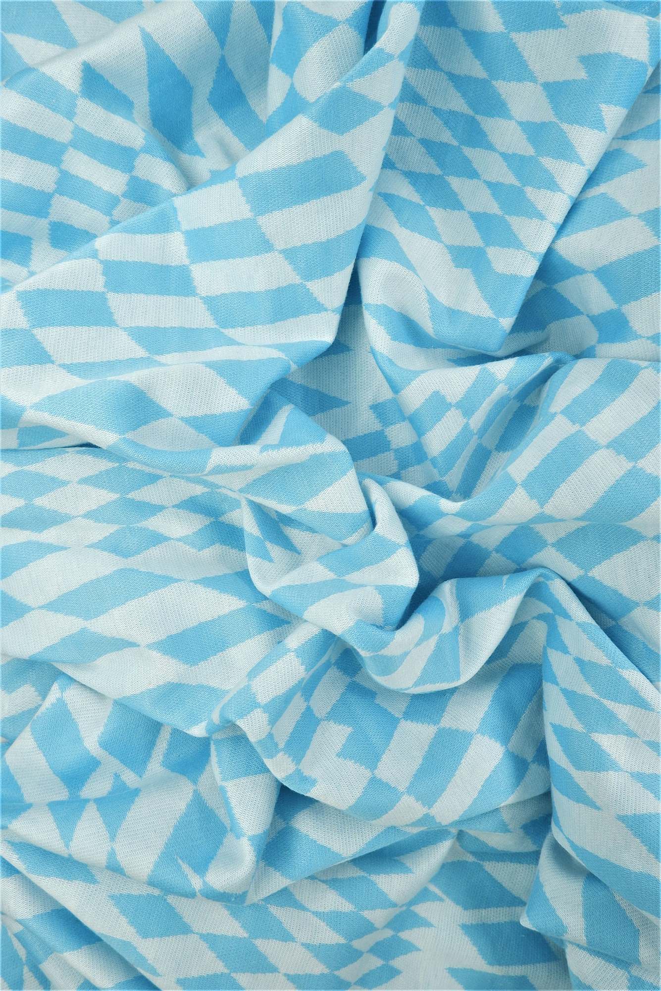 KNT4438 BLUE CHECKERED DOUBLE KNIT DRESS JACQUARD OUTERWEAR PANTS POLYESTER RAYON SKIRTS SOLID SPANDEX STRETCH TOPS YARN DYED