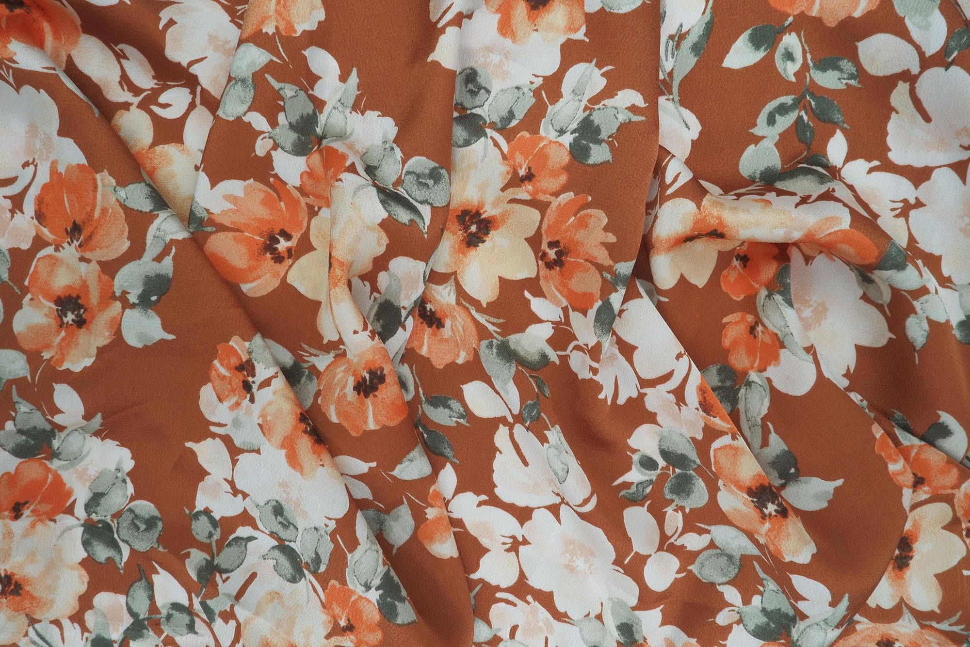 POP4427-MS10501 BROWN BLOUSE BODYSUIT BOTTOMS CAMI DRESS FLORAL FLOWER PANTS POLYESTER PRINT SATIN SKIRTS SPANDEX TOPS WOVEN