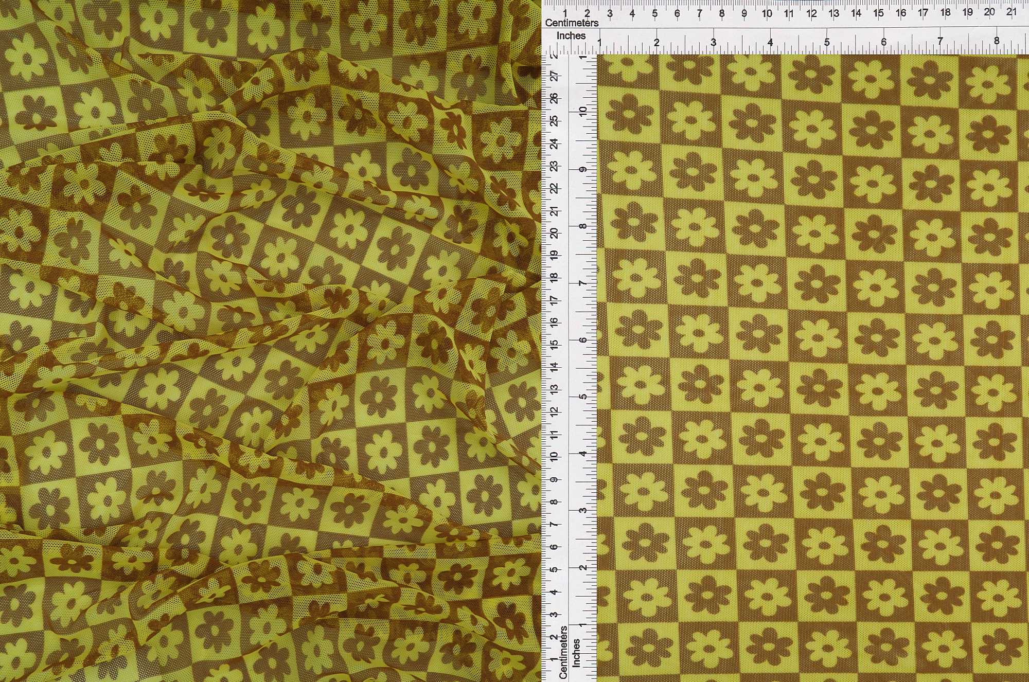 MESH-MS10017 YELLOW FLOWER BLOUSE BODYSUIT BROWN CAMI FLOCKING FLORAL GOLD LOUNGEWEAR MESH POLYESTER PRINT SPANDEX STRETCH TOPS TUNICS