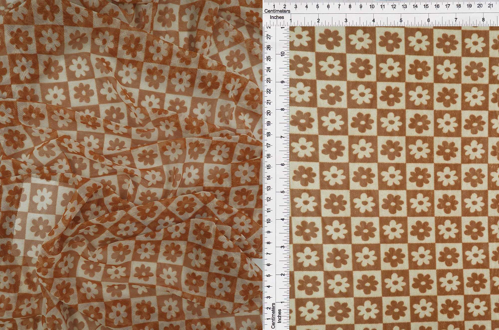 MESH-MS10017 CAMEL FLOWER BLOUSE BODYSUIT BROWN CAMI FLOCKING FLORAL GOLD LOUNGEWEAR MESH POLYESTER PRINT SPANDEX STRETCH TOPS TUNICS WHITE