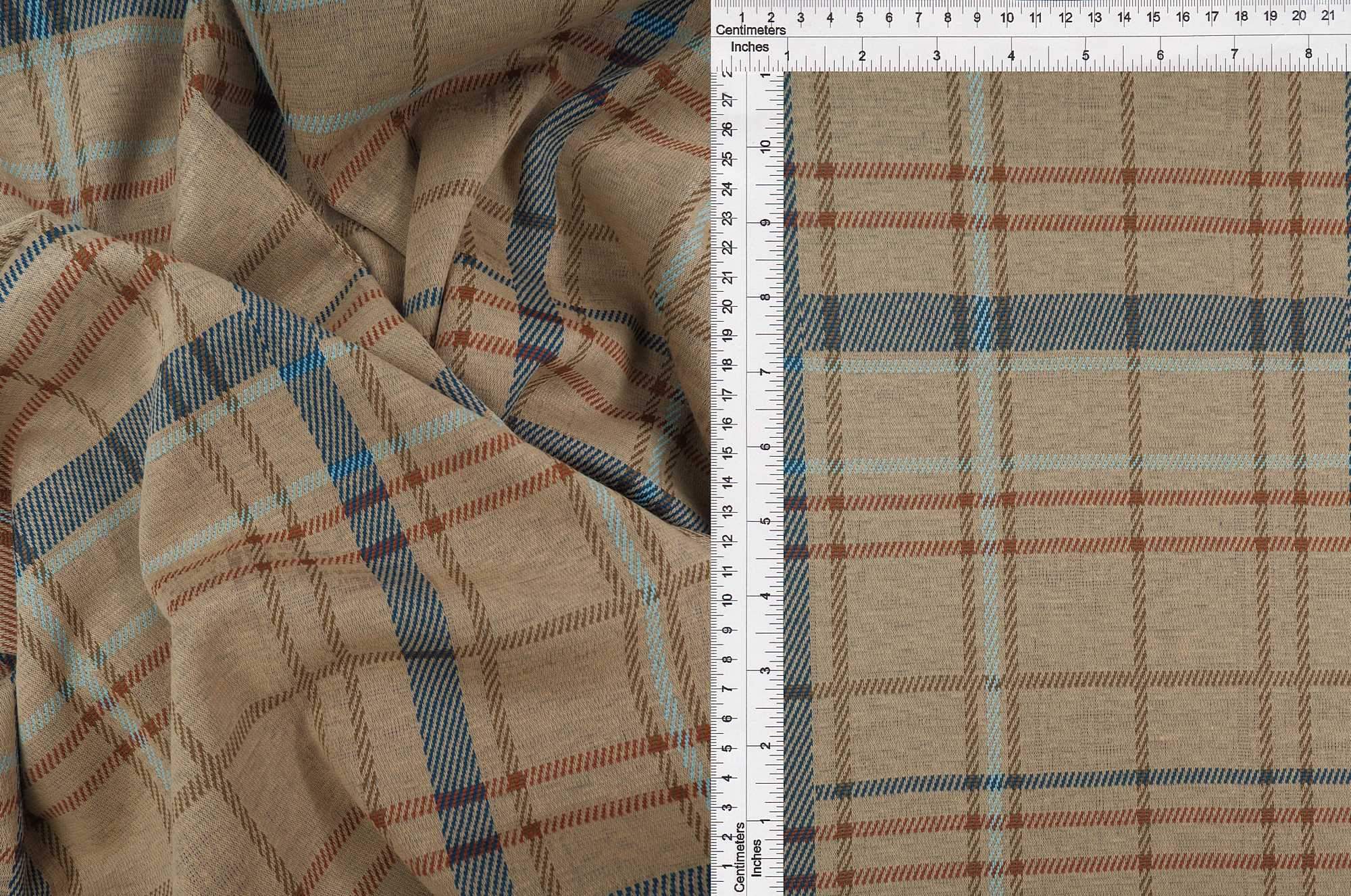 KNT4449 TAN BLUE BOTTOMS BROWN DRESS KNIT OUTERWEAR PANTS PLAID POLYESTER RED SKIRTS SOLID SPANDEX STRETCH TOPS YARN DYED