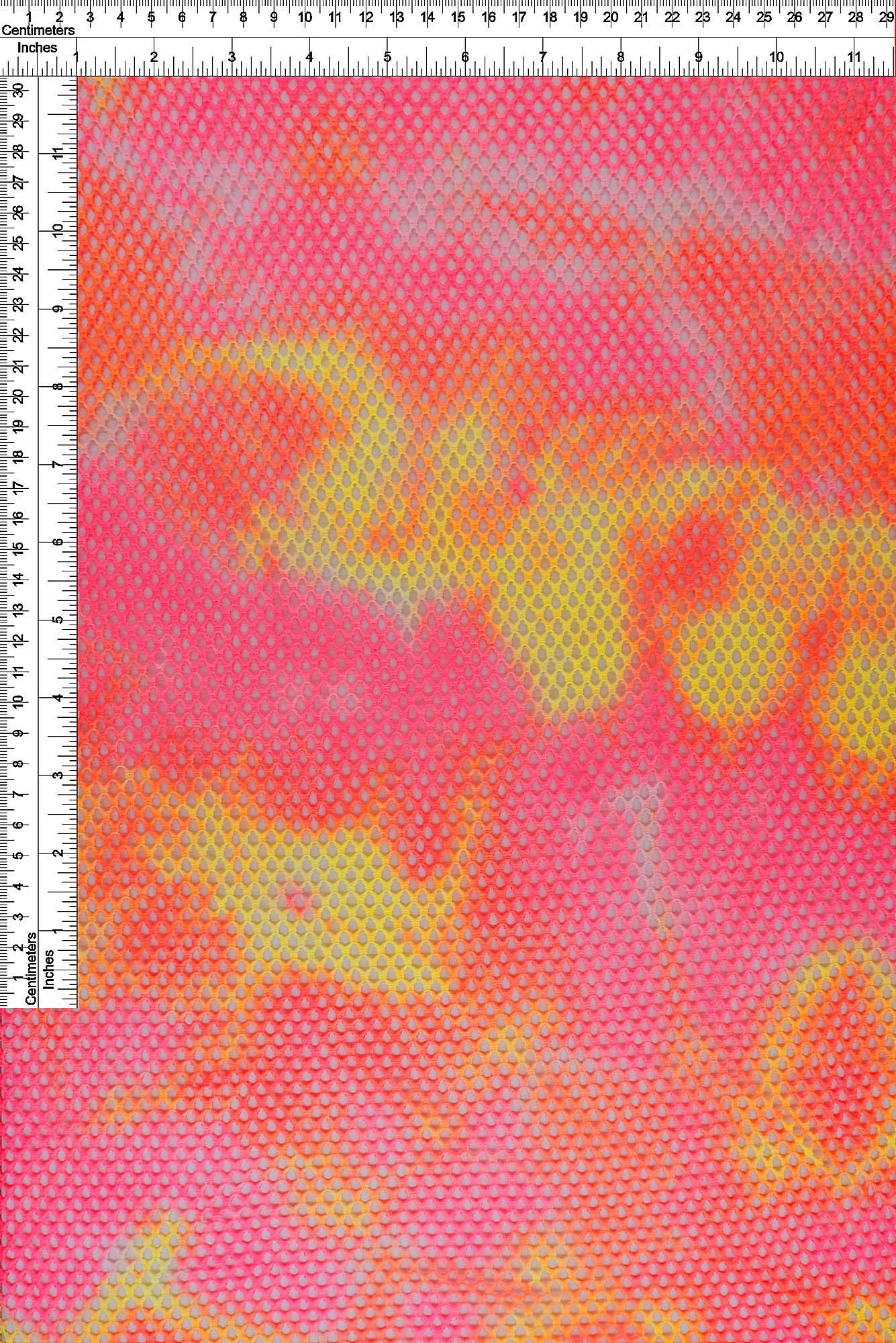 MESH-4123 NEON CORAL/YELLOW BLOUSE BODYSUIT CAMI FLOCKING LOUNGEWEAR MESH POLYESTER PRINT-B SPANDEX STRETCH TIE-DYE TOPS TUNICS YELLOW