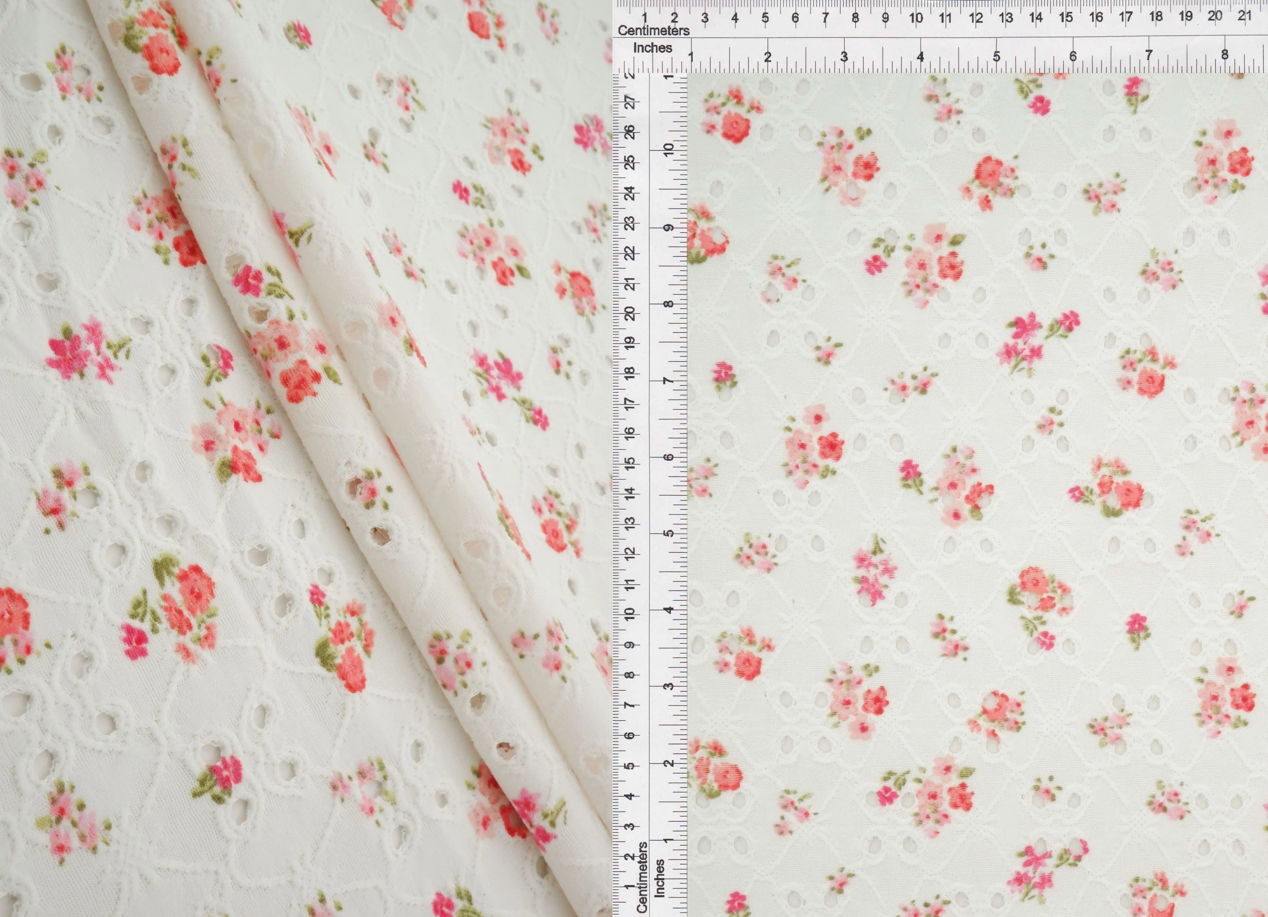 KNT4187-M11002B CORAL RED BODYSUIT CAMI DAISY FLOWER DITSY DRESS DTY EYELET JACQUARD KNIT POLYESTER PRINT SKIRTS SPANDEX TOPS