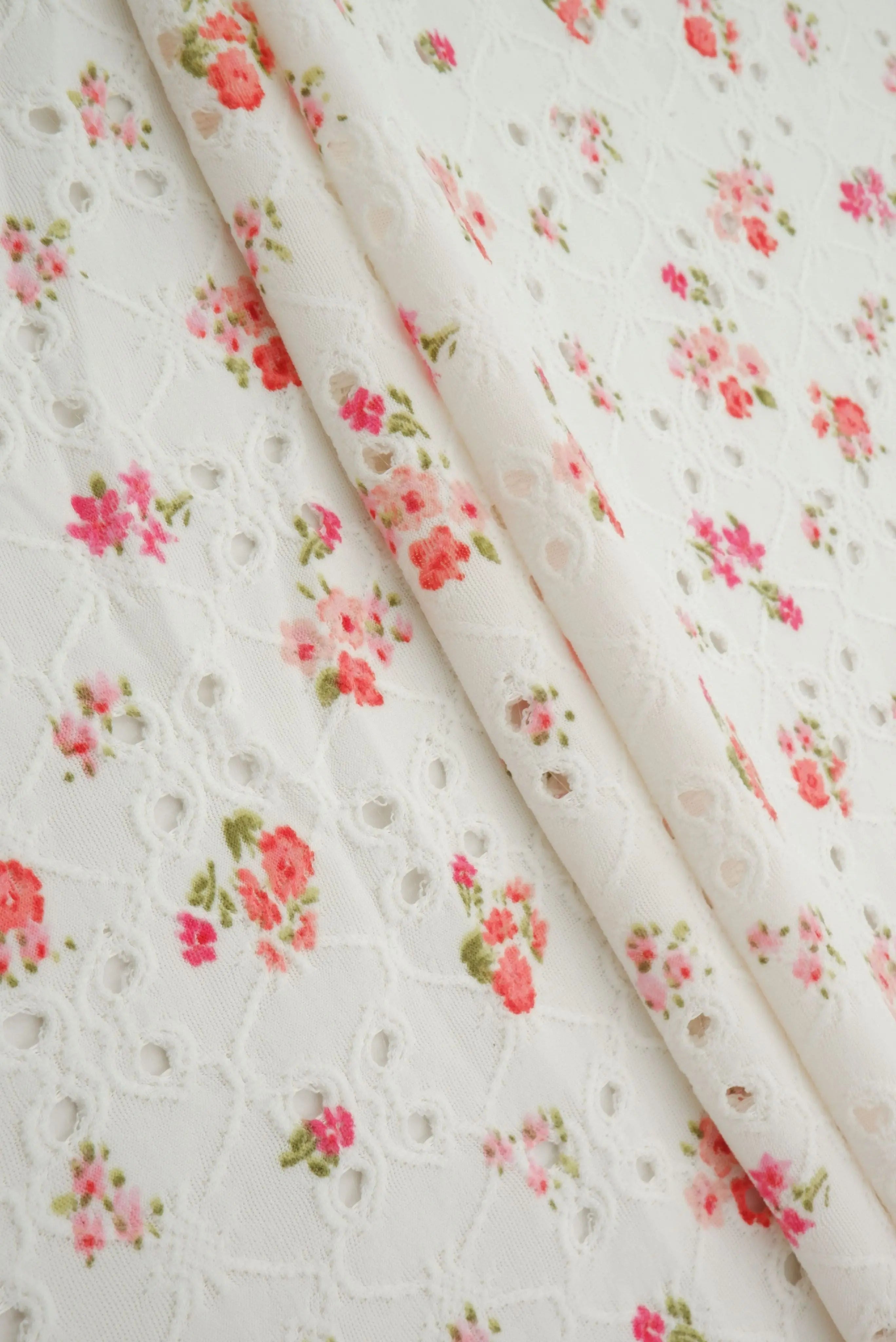 KNT4187-M11002B CORAL RED BODYSUIT CAMI DAISY FLOWER DITSY DRESS DTY EYELET JACQUARD KNIT POLYESTER PRINT SKIRTS SPANDEX TOPS